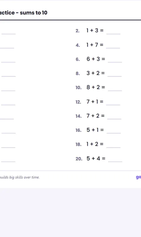 Screenshot of Addition to 10 Worksheet