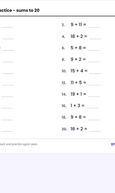 Screenshot of Addition to 20 Worksheet