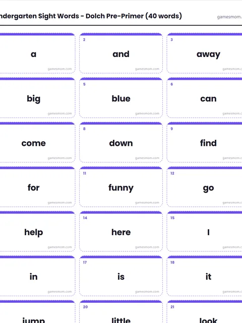 Screenshot of Kindergarten Sight Words Flashcards