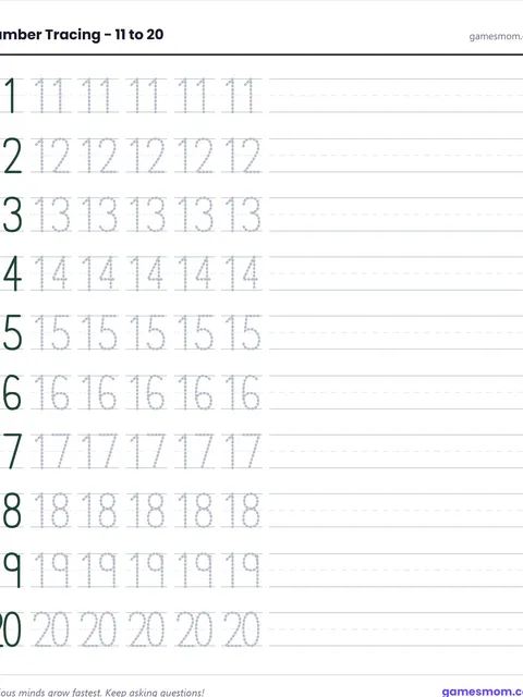 Screenshot of Number Tracing 11 to 20 Worksheet