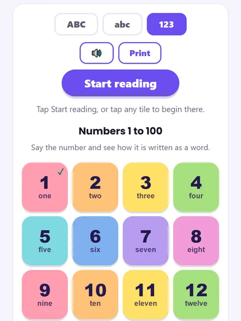Screenshot of Hear Numbers 1 to 100