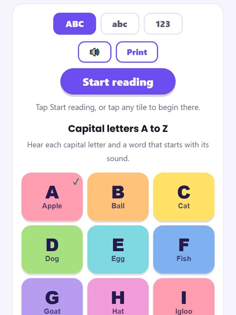 Screenshot of Phonics Sounds A to Z