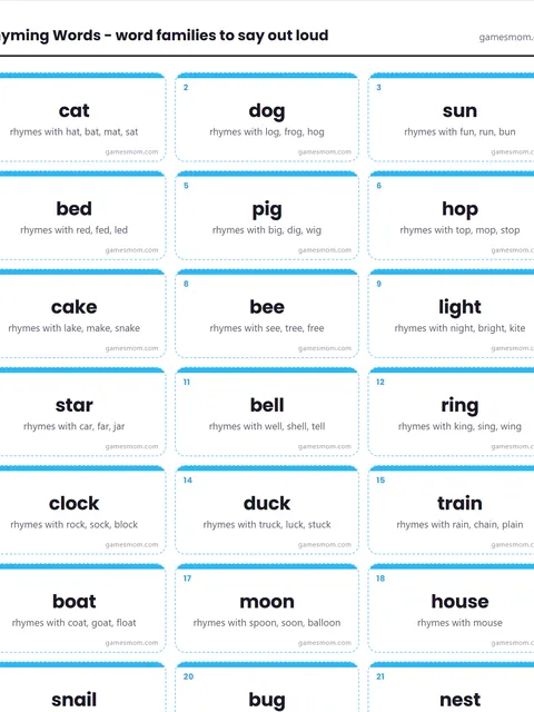Screenshot of Printable Rhyming Words Flashcards