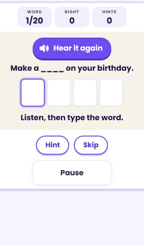 Screenshot of Spelling Test Practice