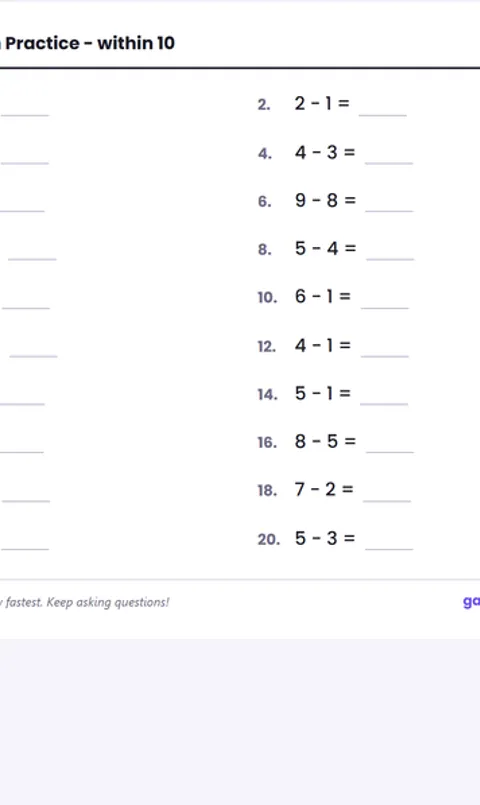 Screenshot of Subtraction to 10 Worksheet