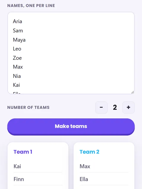 Screenshot of Team Generator