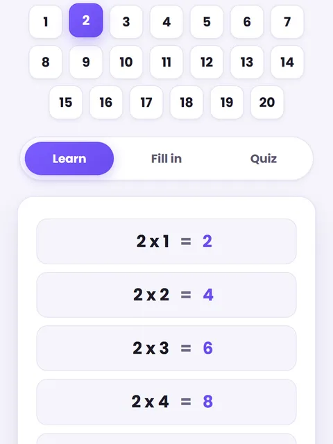 Screenshot of Times Tables Flashcards
